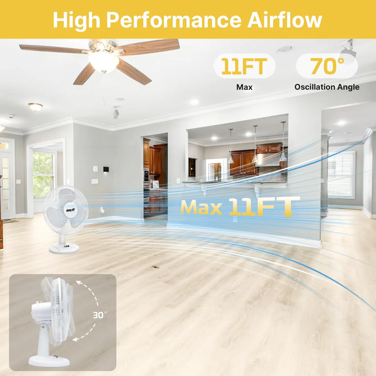 SHOP·AIR 16" Oscillating Table Fan, 3 Speeds, High-Velocity, Quiet & Powerful Air Circulation, 70° Adjustable Head Tilt, Ideal for Home, Bedroom or Office, White | 16 inch, 3-speed oscillating fan - view 5