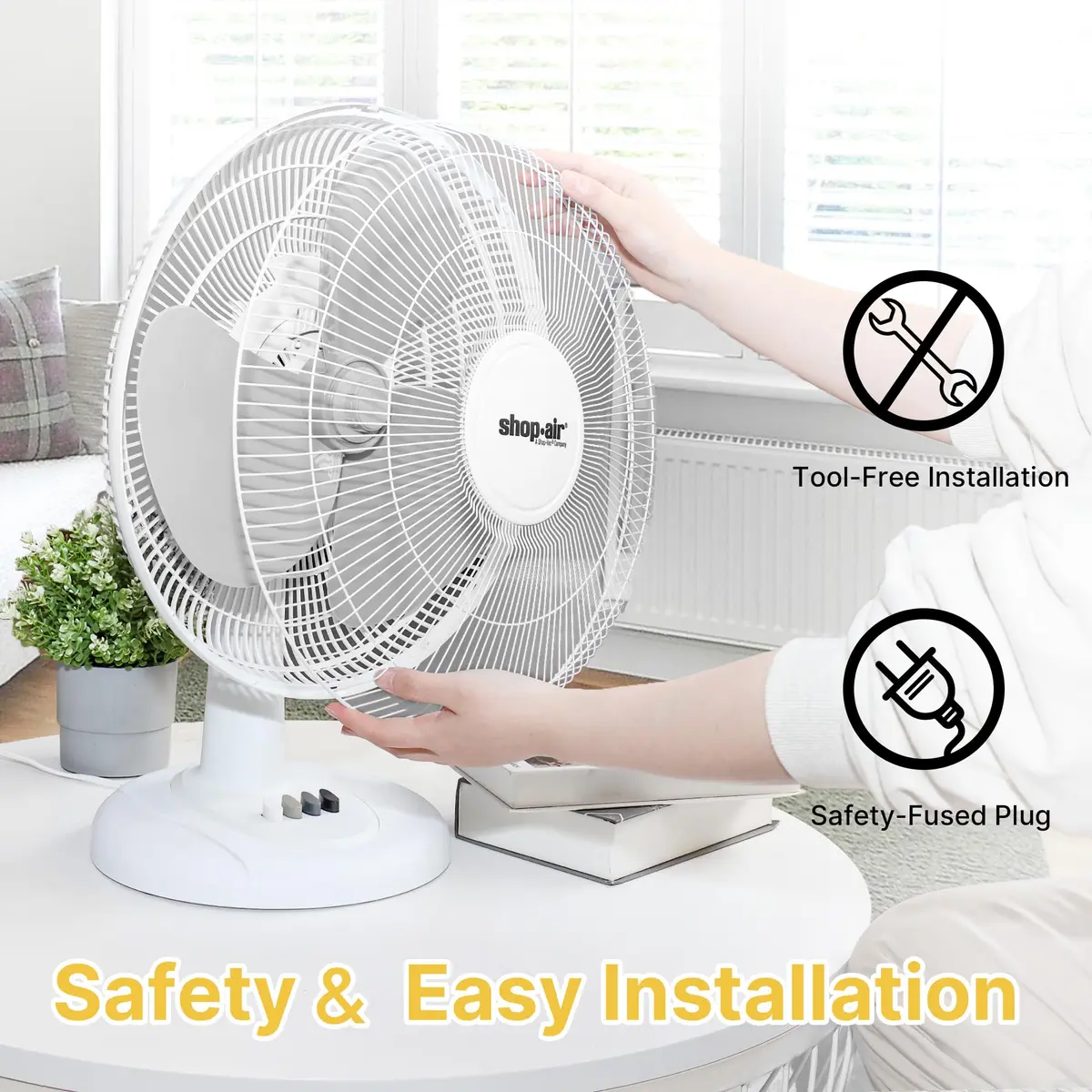 SHOP·AIR 16" Oscillating Table Fan, 3 Speeds, High-Velocity, Quiet & Powerful Air Circulation, 70° Adjustable Head Tilt, Ideal for Home, Bedroom or Office, White | 16 inch, 3-speed oscillating fan - view 6