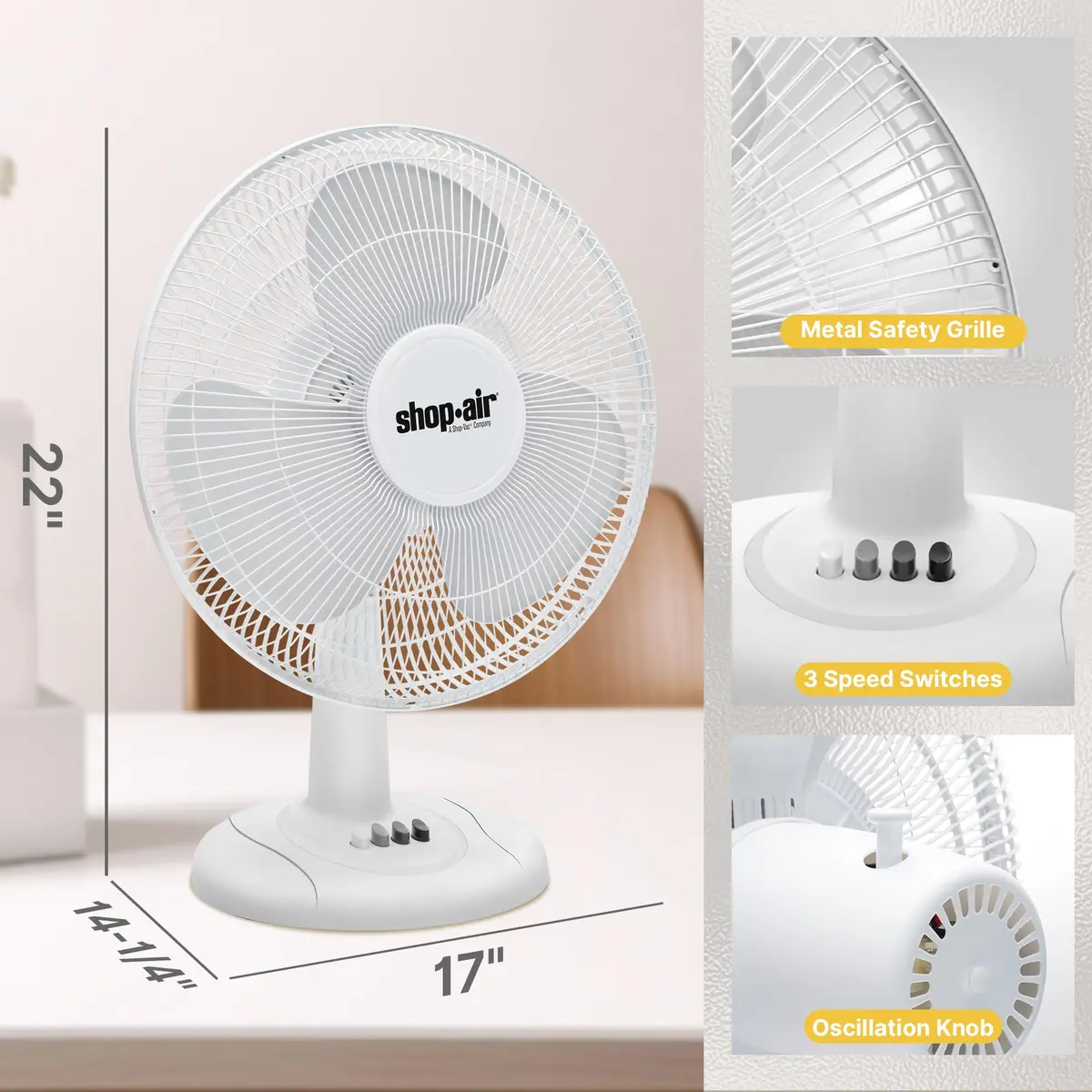 SHOP·AIR 16" Oscillating Table Fan, 3 Speeds, High-Velocity, Quiet & Powerful Air Circulation, 70° Adjustable Head Tilt, Ideal for Home, Bedroom or Office, White | 16 inch, 3-speed oscillating fan - view 2