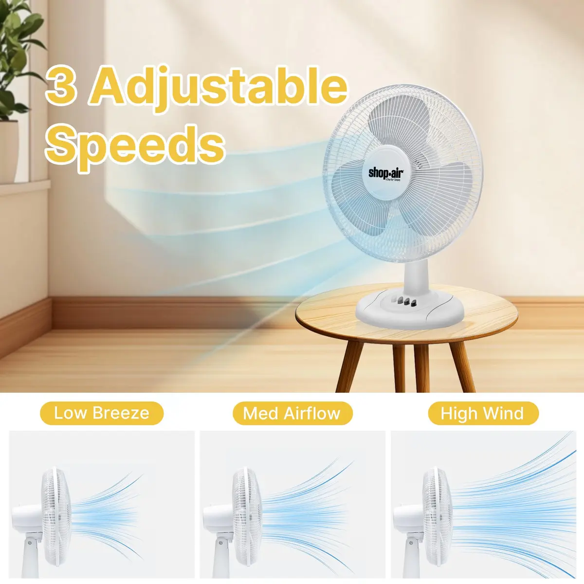 SHOP·AIR 16" Oscillating Table Fan, 3 Speeds, High-Velocity, Quiet & Powerful Air Circulation, 70° Adjustable Head Tilt, Ideal for Home, Bedroom or Office, White | 16 inch, 3-speed oscillating fan - view 3
