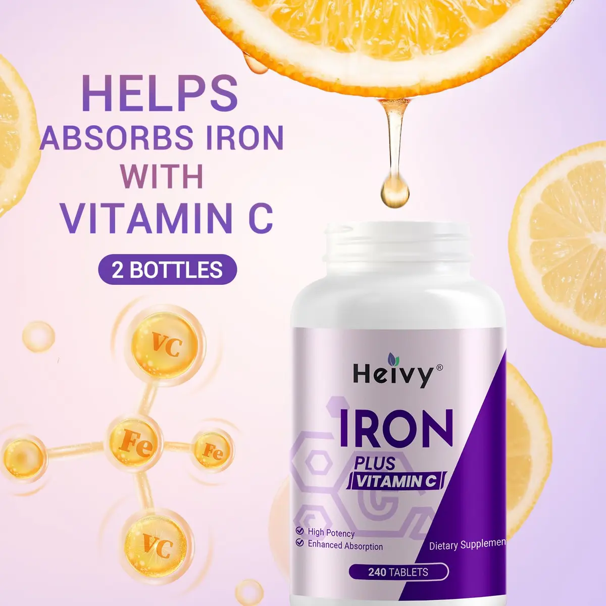 Heivy Ferrous Sulfate 325mg | High Potency Iron Supplement for Women & Men, 240 Tablets (2 Pack) - view 2