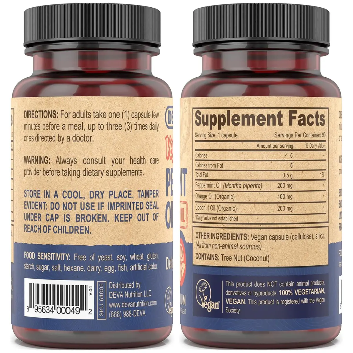 DEVA Vegan Peppermint Oil Capsules, Delayed Release, 2-Pack with Organic Orange & Coconut Oils, 90 Count Ea - view 2