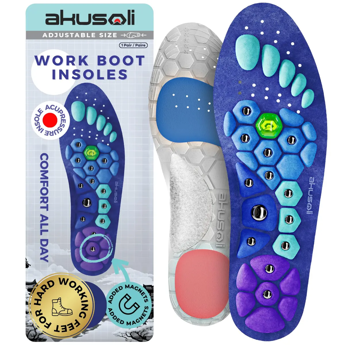 Akusoli Shoe Insert for Men, Work Boots & Daily Wear | Shock Absorbing, Arch Support, Magnetic, Cushioned (L/XL) - main product image