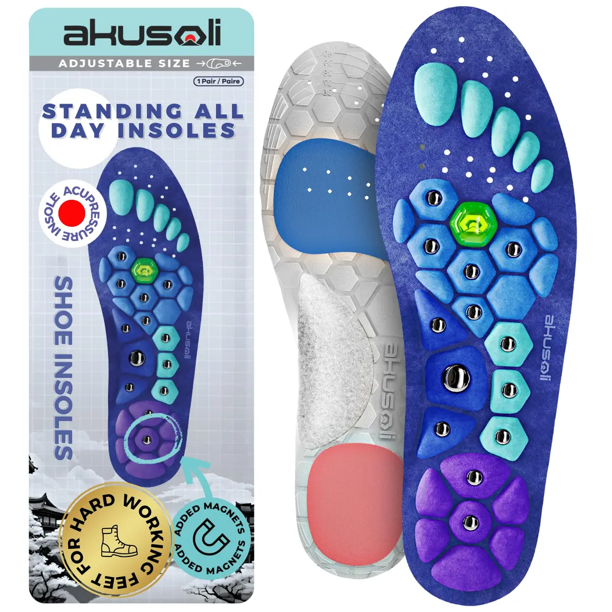 Akusoli Shoe Inserts for Women S/M | Memory Foam Arch Support, Magnetic Acupressure, Trim-to-Fit (80g) - main product image