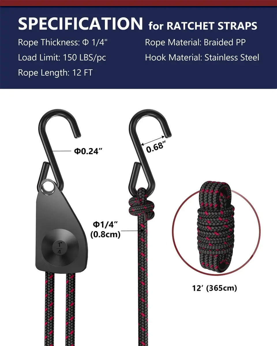 VIPARSPECTRA 1/4" Heavy Duty Adjustable Rope Hangers 8 Pack, 12FT Tie-Down | 150 lbs WLL per Ratchet - view 7