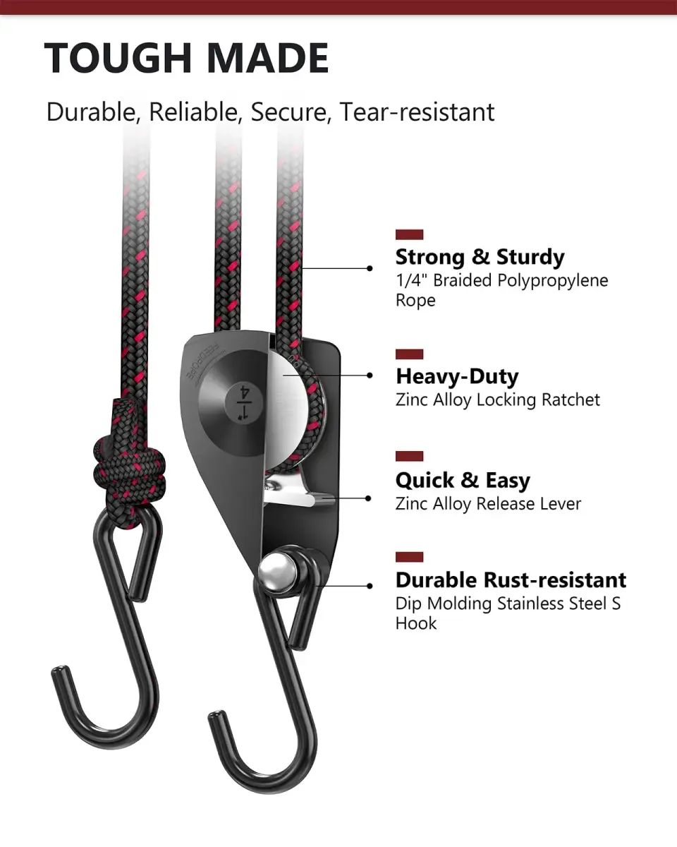 VIPARSPECTRA 1/4" Heavy Duty Adjustable Rope Hangers 8 Pack, 12FT Tie-Down | 150 lbs WLL per Ratchet - view 4