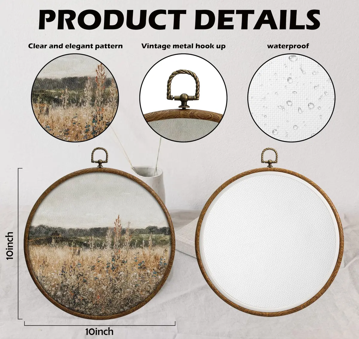 QKX Round Wall Decoration 25cm (10x10 inches) | Vintage Floral Landscape Canvas Art - view 2