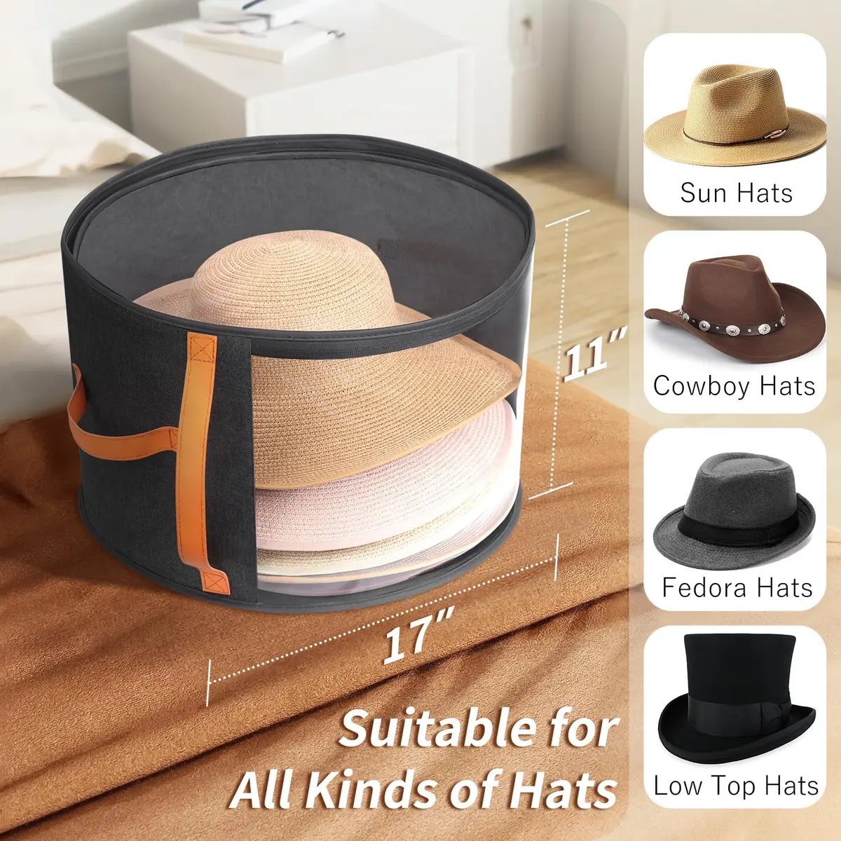 kushon Oversized Clear Hat Storage Box for Women, Cowboy Hat Organizer for Closet, Wide Brims Hat Case with Carrying Handles, Hat Bag (Black) | Holds 6-9 Hats - view 4