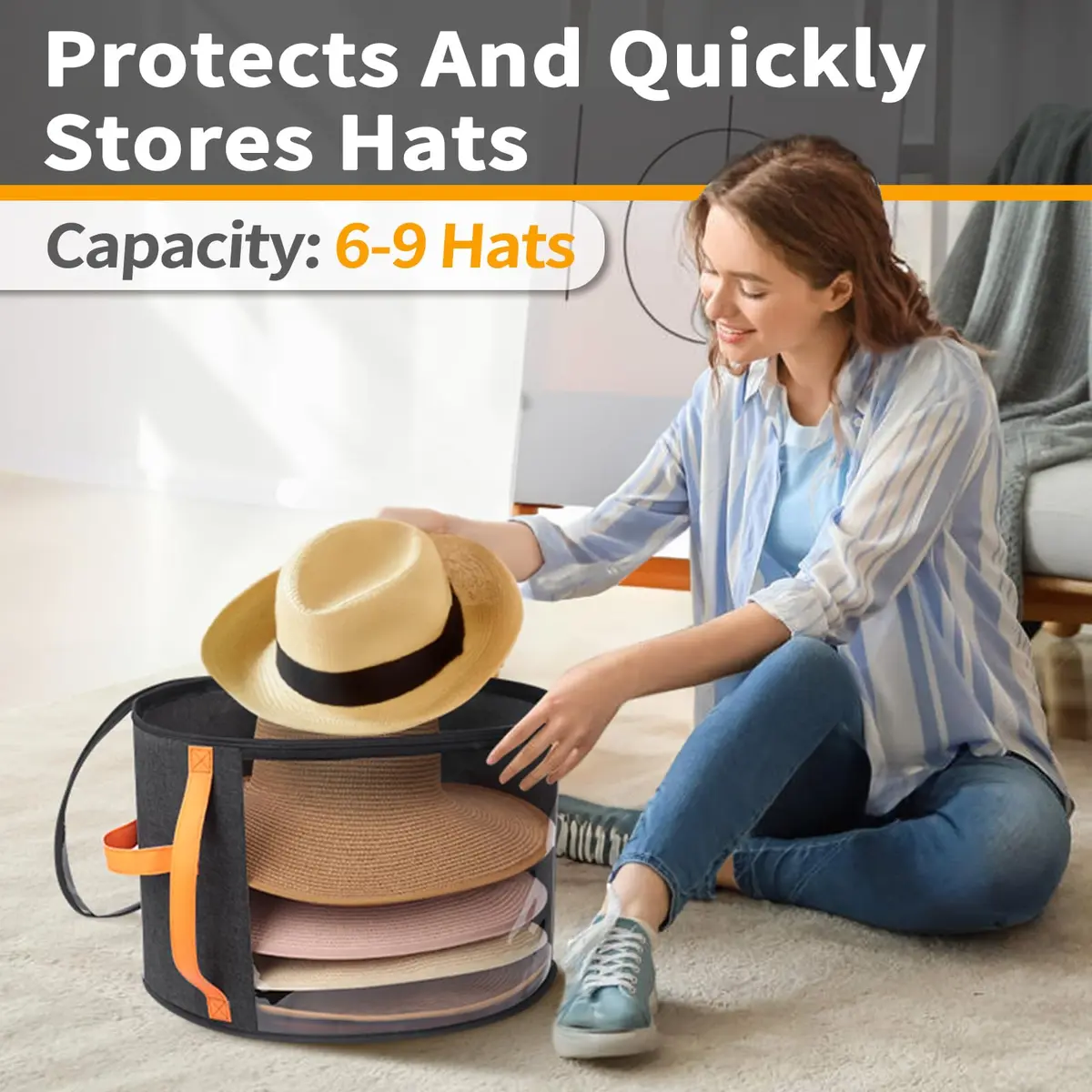 kushon Oversized Clear Hat Storage Box for Women, Cowboy Hat Organizer for Closet, Wide Brims Hat Case with Carrying Handles, Hat Bag (Black) | Holds 6-9 Hats - view 3