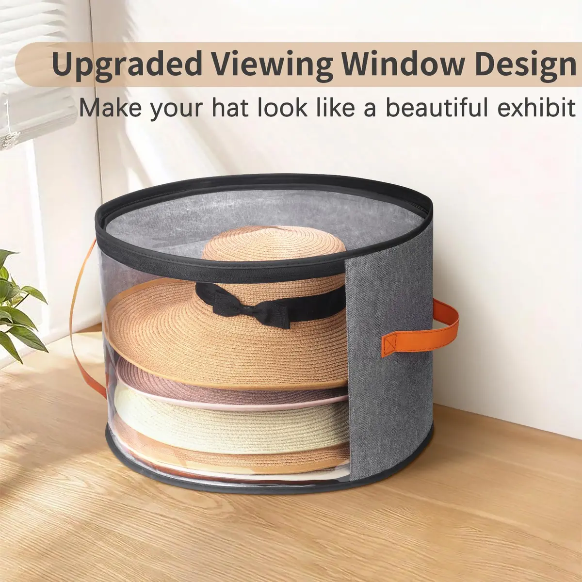 kushon Oversized Clear Hat Storage Box for Women, Wide Brim Cowboy Hat Organizer, 17x11 inches, Grey - view 2