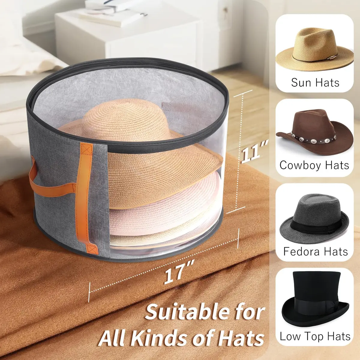 kushon Oversized Clear Hat Storage Box for Women, Wide Brim Cowboy Hat Organizer, 17x11 inches, Grey - view 4