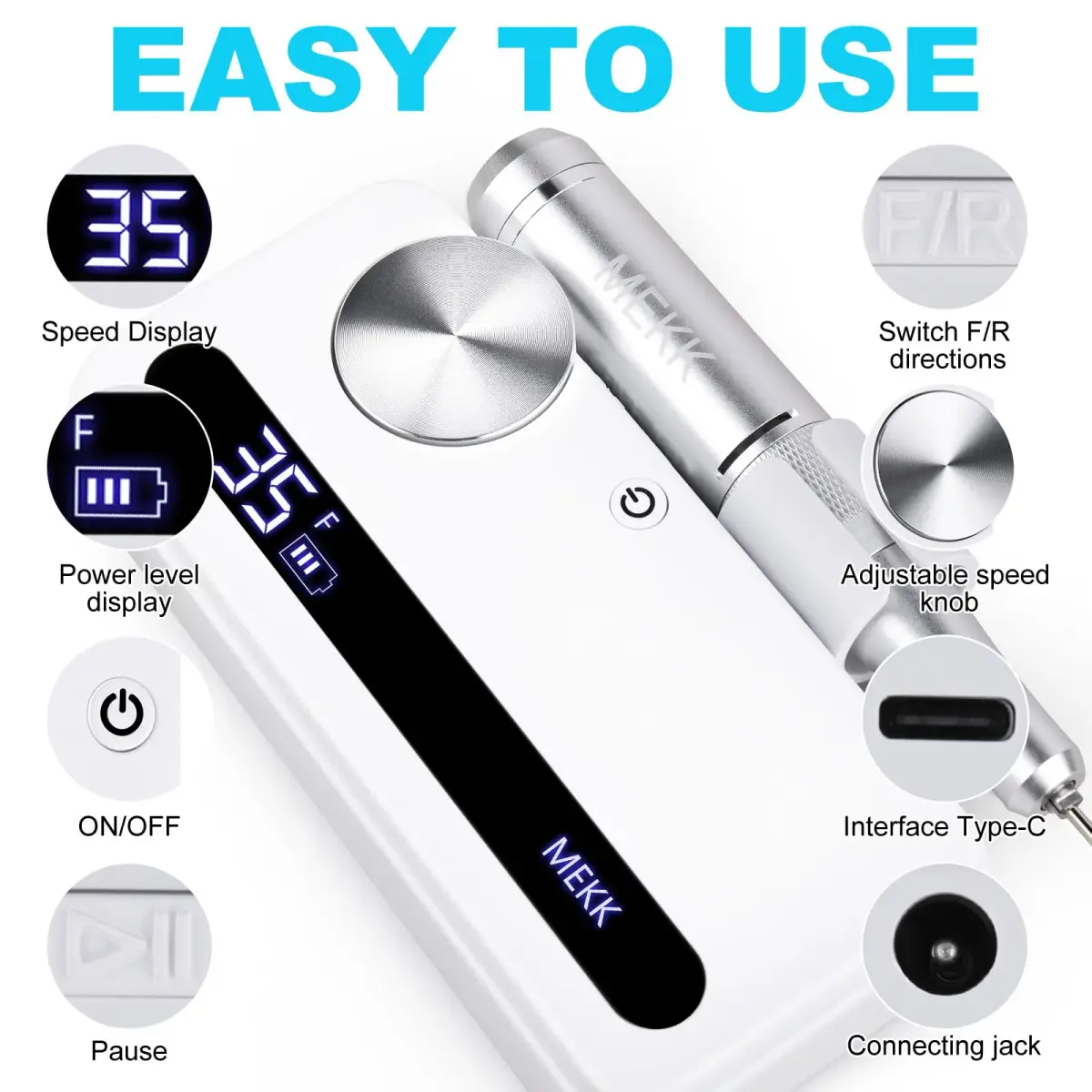 MEKK Professional Nail Drill 35000RPM Cordless E-File with LCD Display | Salon-Quality Nail Care - view 5