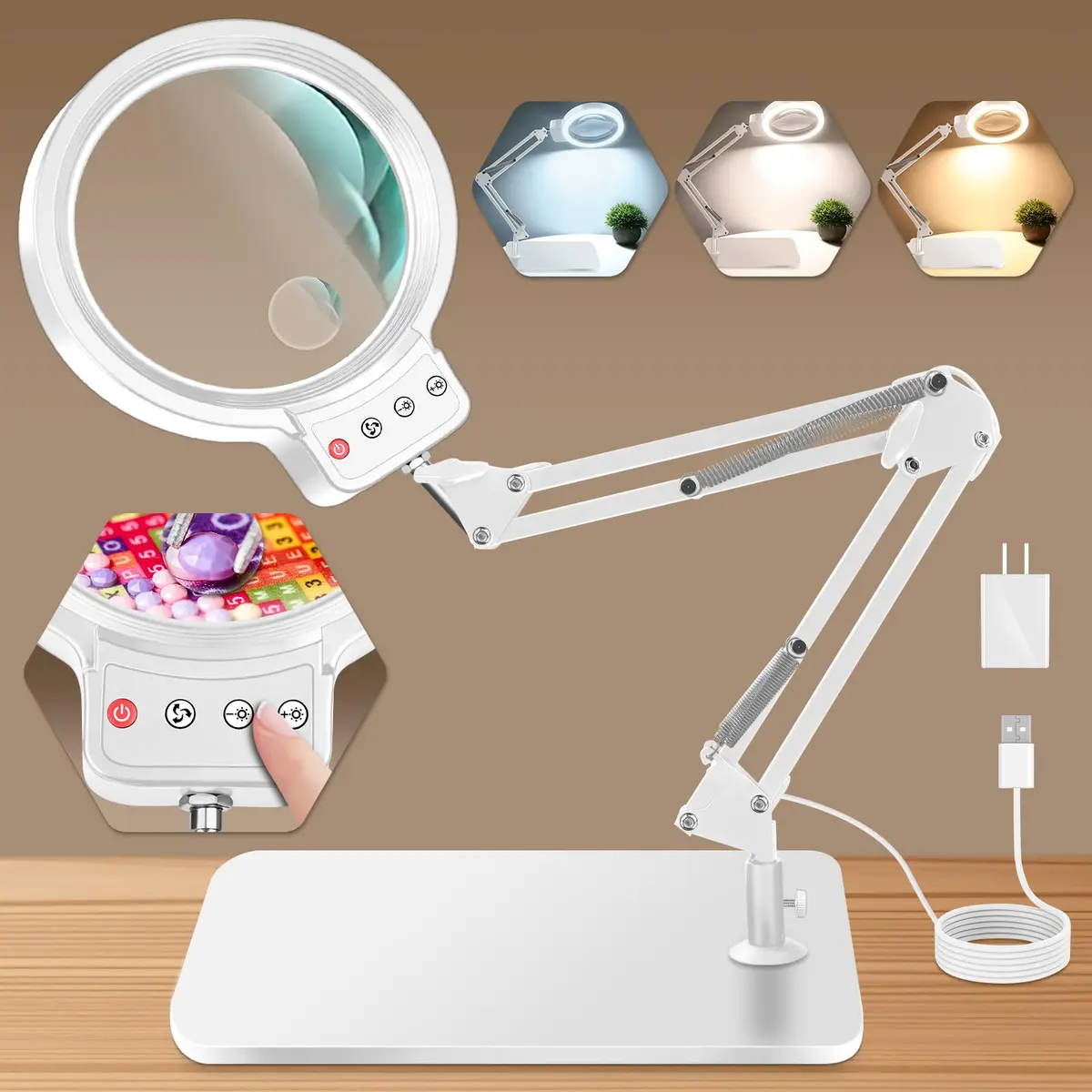 HQGZQL 10X 30X Large Magnifying Glass with Light and Stand | 5-inch Crystal Clear Acrylic Lens for Crafts & Reading - main product image