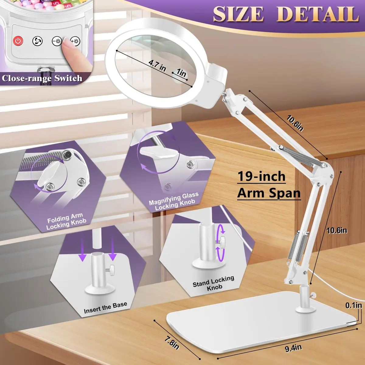 HQGZQL 10X 30X Large Magnifying Glass with Light and Stand | 5-inch Crystal Clear Acrylic Lens for Crafts & Reading - view 7