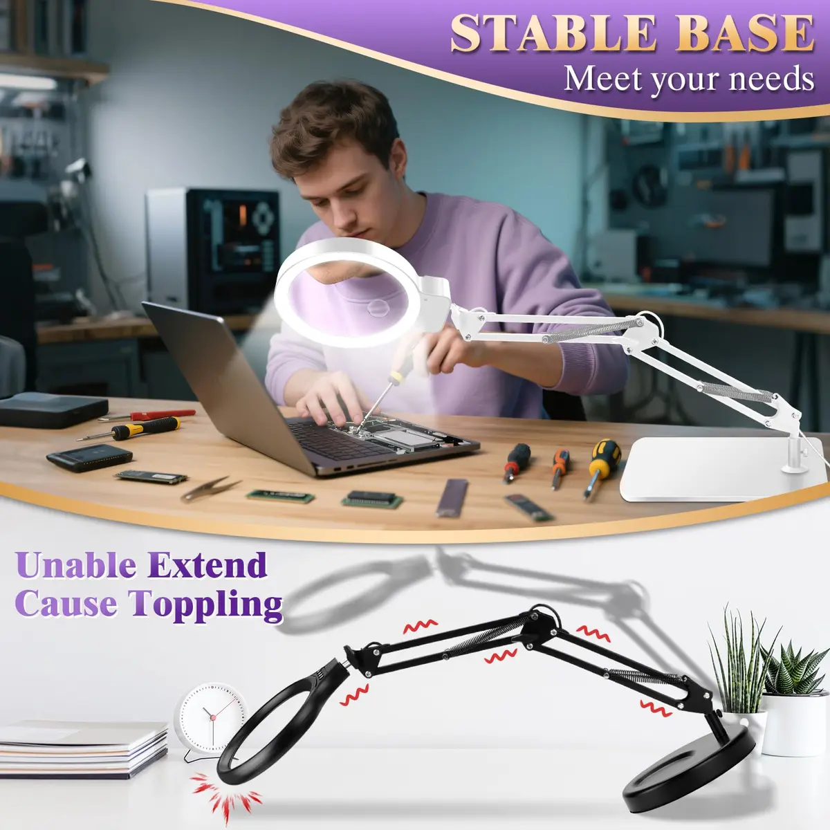 HQGZQL 10X 30X Large Magnifying Glass with Light and Stand | 5-inch Crystal Clear Acrylic Lens for Crafts & Reading - view 3