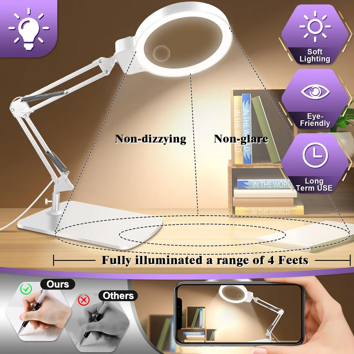 HQGZQL 10X 30X Large Magnifying Glass with Light and Stand | 5-inch Crystal Clear Acrylic Lens for Crafts & Reading - view 4