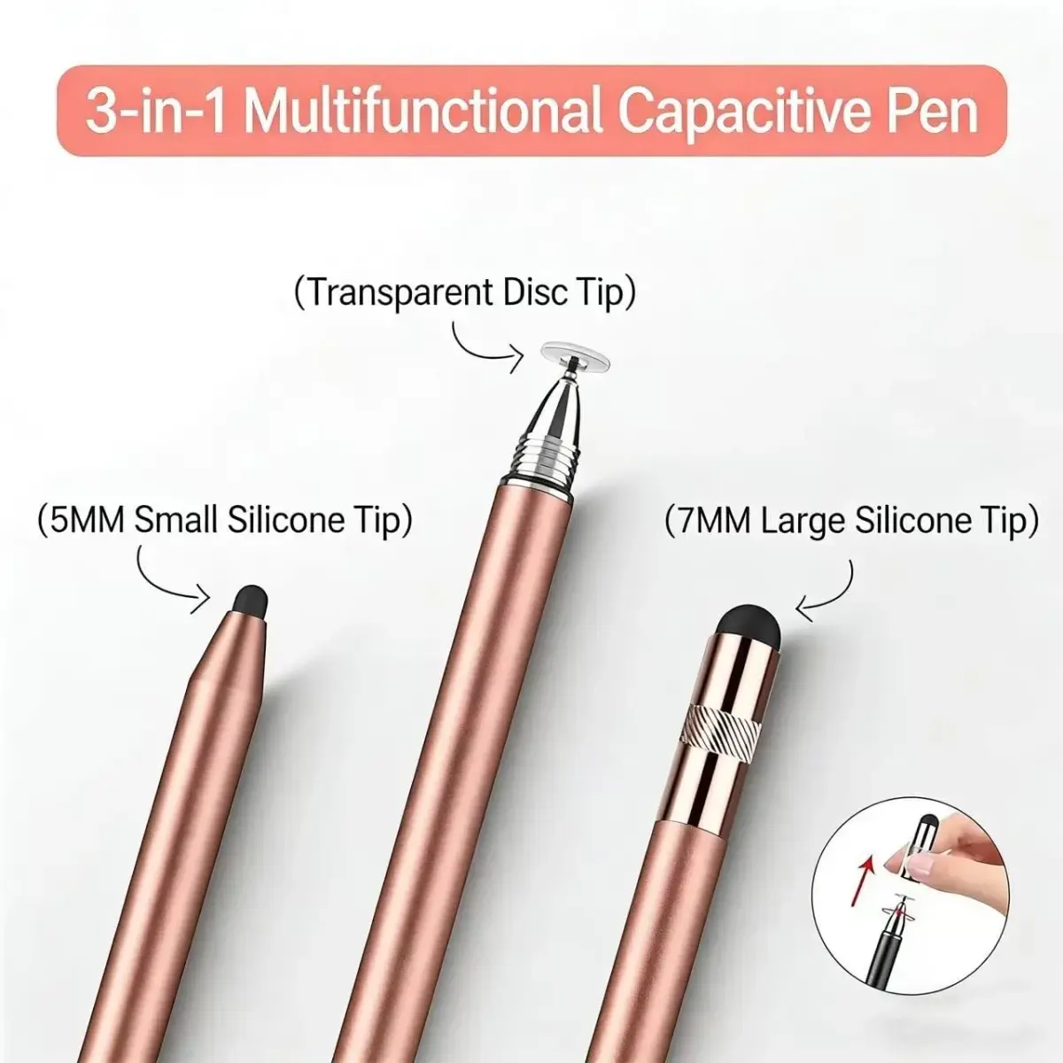 fllynewrite 3-in-1 Stylus Pen for Samsung Galaxy Tab A9+/A8/A7/A7 Lite & iPad Pro/iPhone/Fire/Surface, Rose Gold (1 Disc Tip + 1 Cap) - view 2