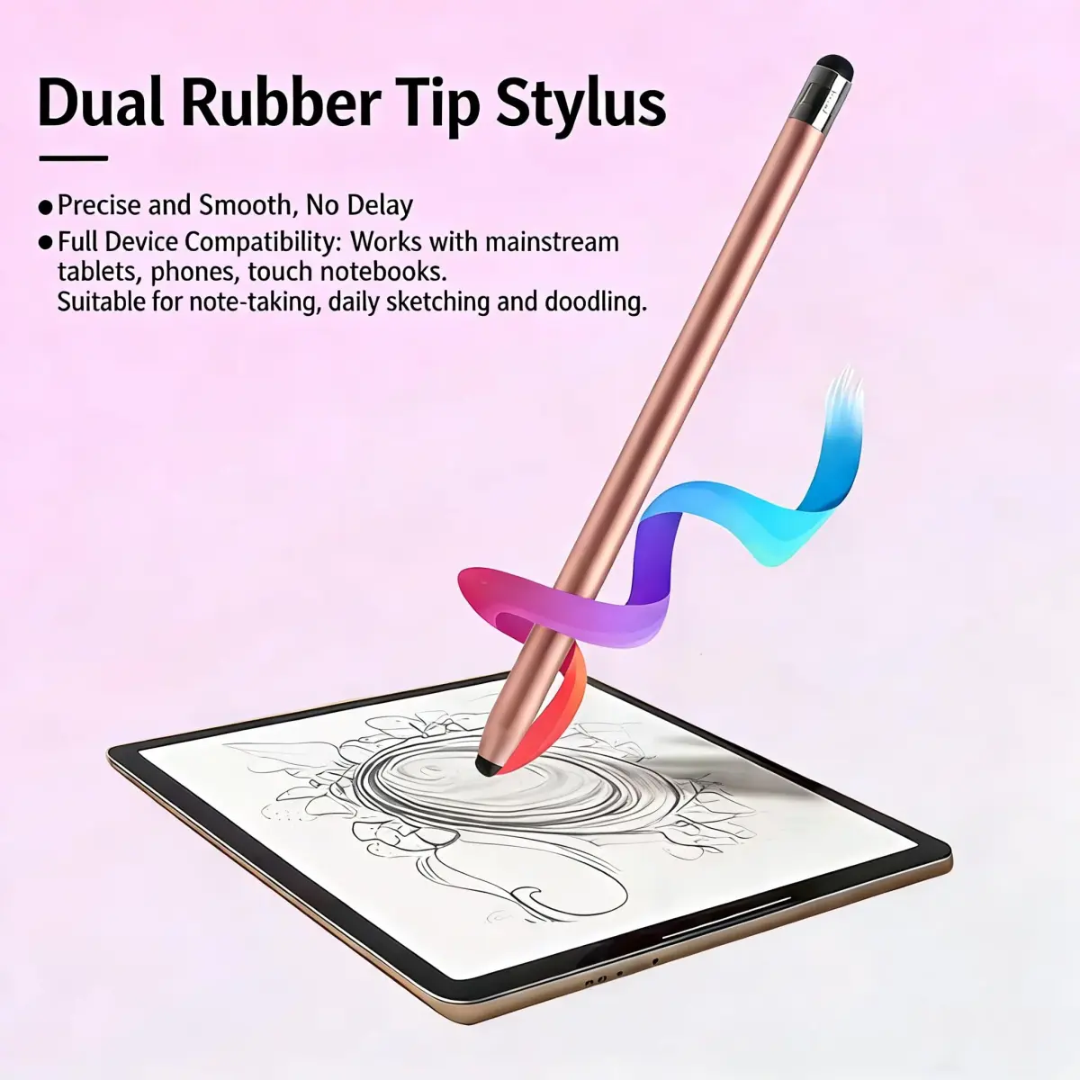 fllynewrite 3-in-1 Stylus Pen for Samsung Galaxy Tab A9+/A8/A7/A7 Lite & iPad Pro/iPhone/Fire/Surface, Rose Gold (1 Disc Tip + 1 Cap) - view 3