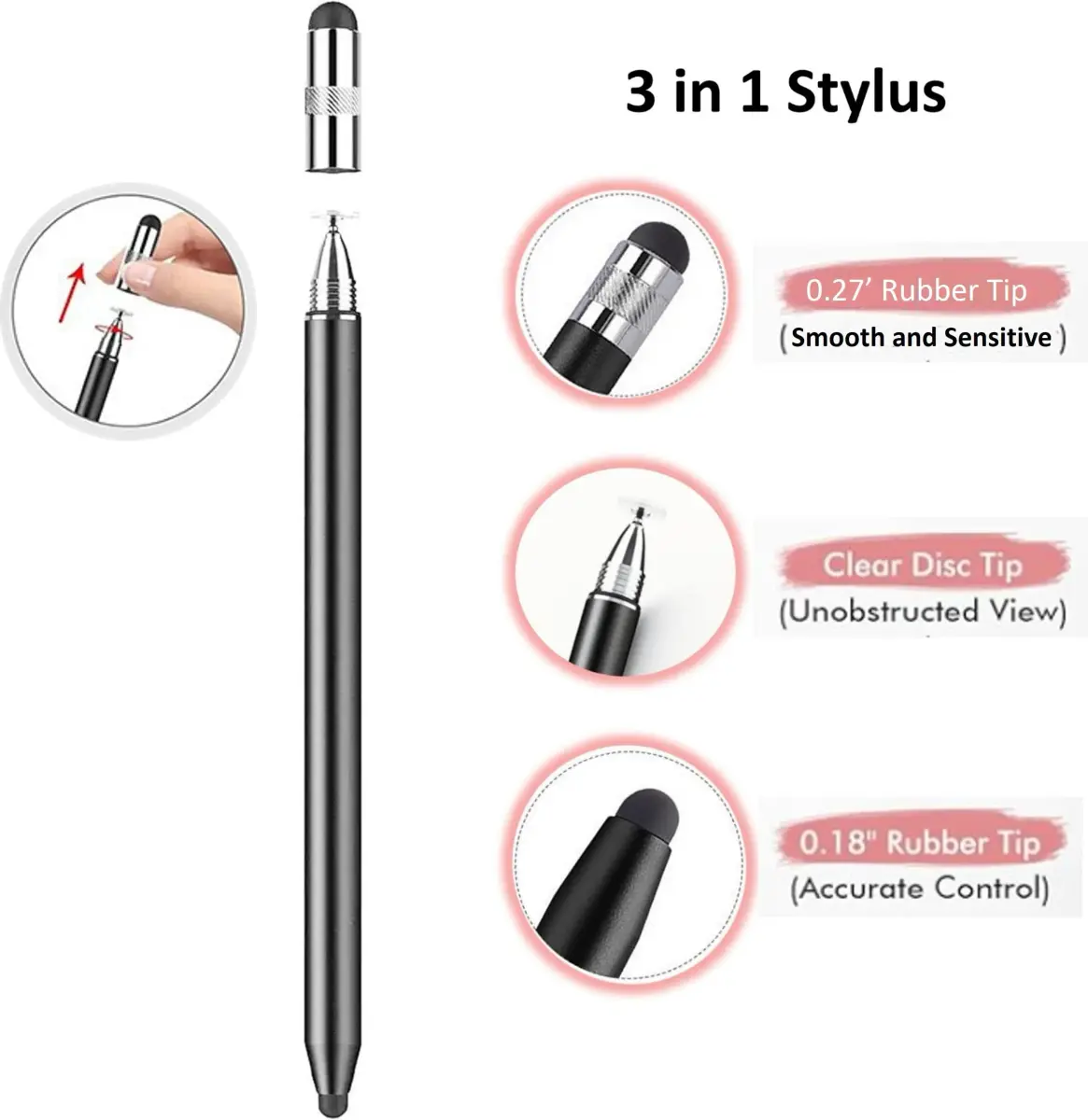 fllynewrite 3-in-1 Stylus Pen for Samsung Galaxy Tab A9+/A9/A8/A7/A7 Lite, iPad Pro/iPhone/Fire/Surface | Universal Touchscreen Input Pen (Black) - view 2