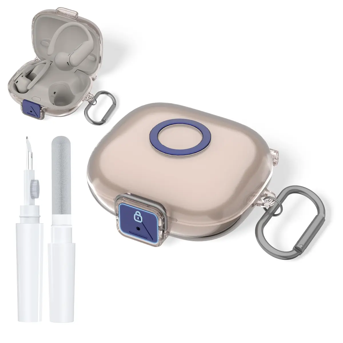 Nimuw Secure Lock Case for Beats Powerbeats Pro 2, Clear Grey | Full Protection with Carabiner & Cleaning Kit - main product image
