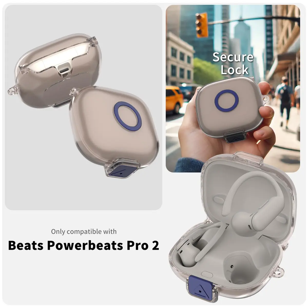 Nimuw Secure Lock Case for Beats Powerbeats Pro 2, Clear Grey | Full Protection with Carabiner & Cleaning Kit - view 2