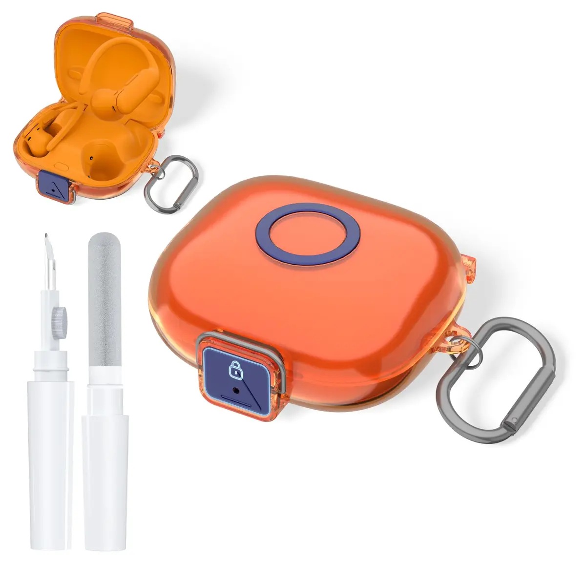Nimuw Secure Lock Case for Beats Powerbeats Pro 2, Clear Orange | Full Body Protection with Carabiner & Cleaning Kit - main product image