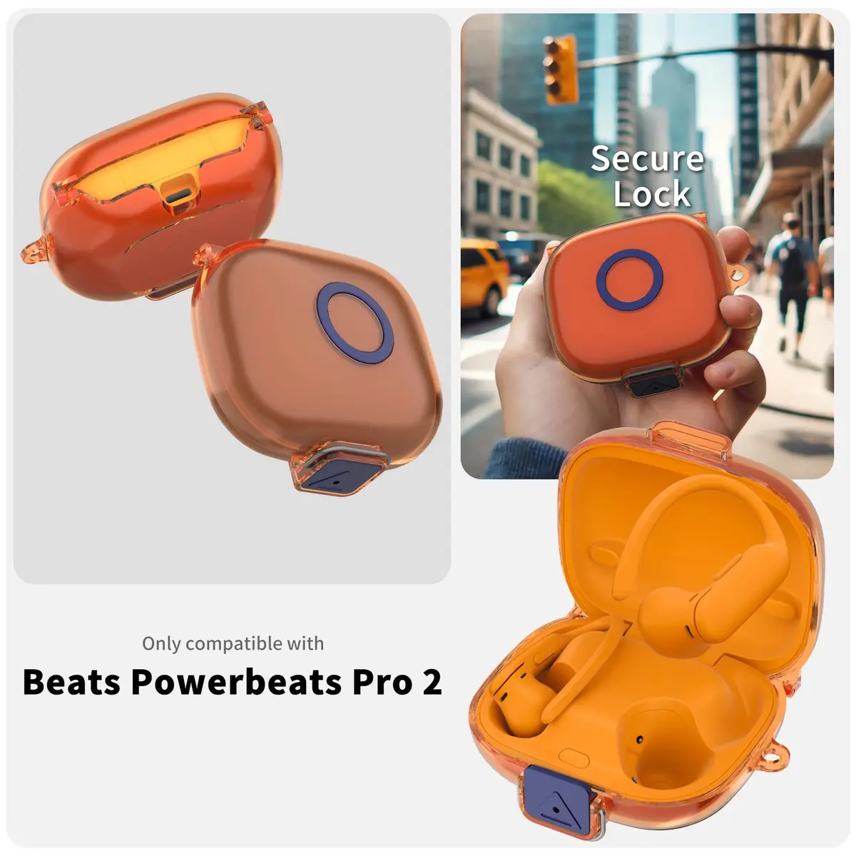 Nimuw Secure Lock Case for Beats Powerbeats Pro 2, Clear Orange | Full Body Protection with Carabiner & Cleaning Kit - view 2