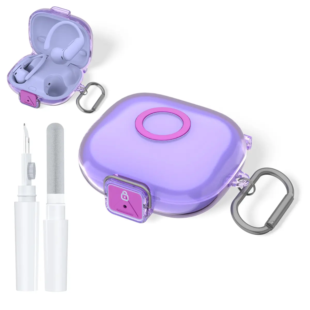 Nimuw Secure Lock Case for Beats Powerbeats Pro 2 | Clear Purple TPU with Carabiner & Cleaning Kit - main product image