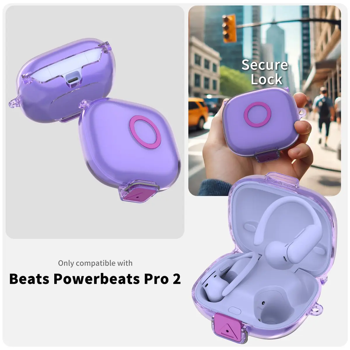 Nimuw Secure Lock Case for Beats Powerbeats Pro 2 | Clear Purple TPU with Carabiner & Cleaning Kit - view 2