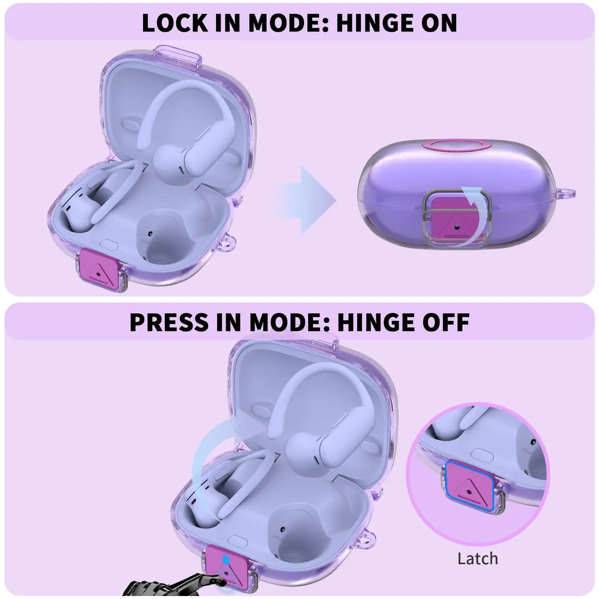 Nimuw Secure Lock Case for Beats Powerbeats Pro 2 | Clear Purple TPU with Carabiner & Cleaning Kit - view 3