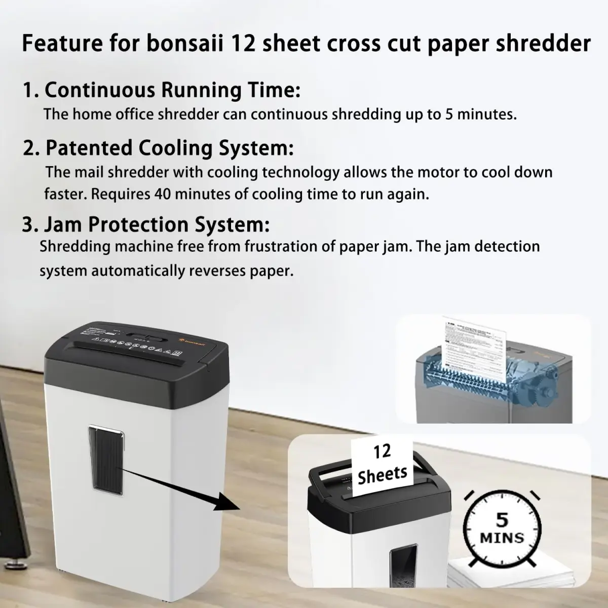 Bonsaii 12-Sheet Cross Cut Shredder 5.5 Gal (20.8 L) | P-4 Security, 5 Min Duty Cycle - view 5