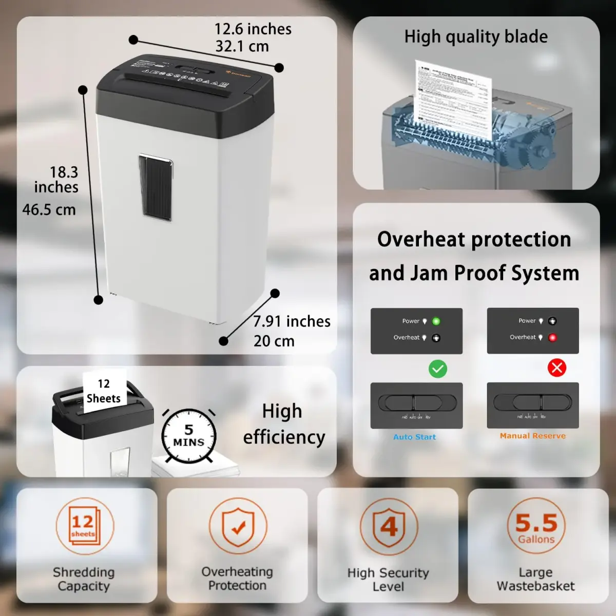Bonsaii 12-Sheet Cross Cut Shredder 5.5 Gal (20.8 L) | P-4 Security, 5 Min Duty Cycle - view 2