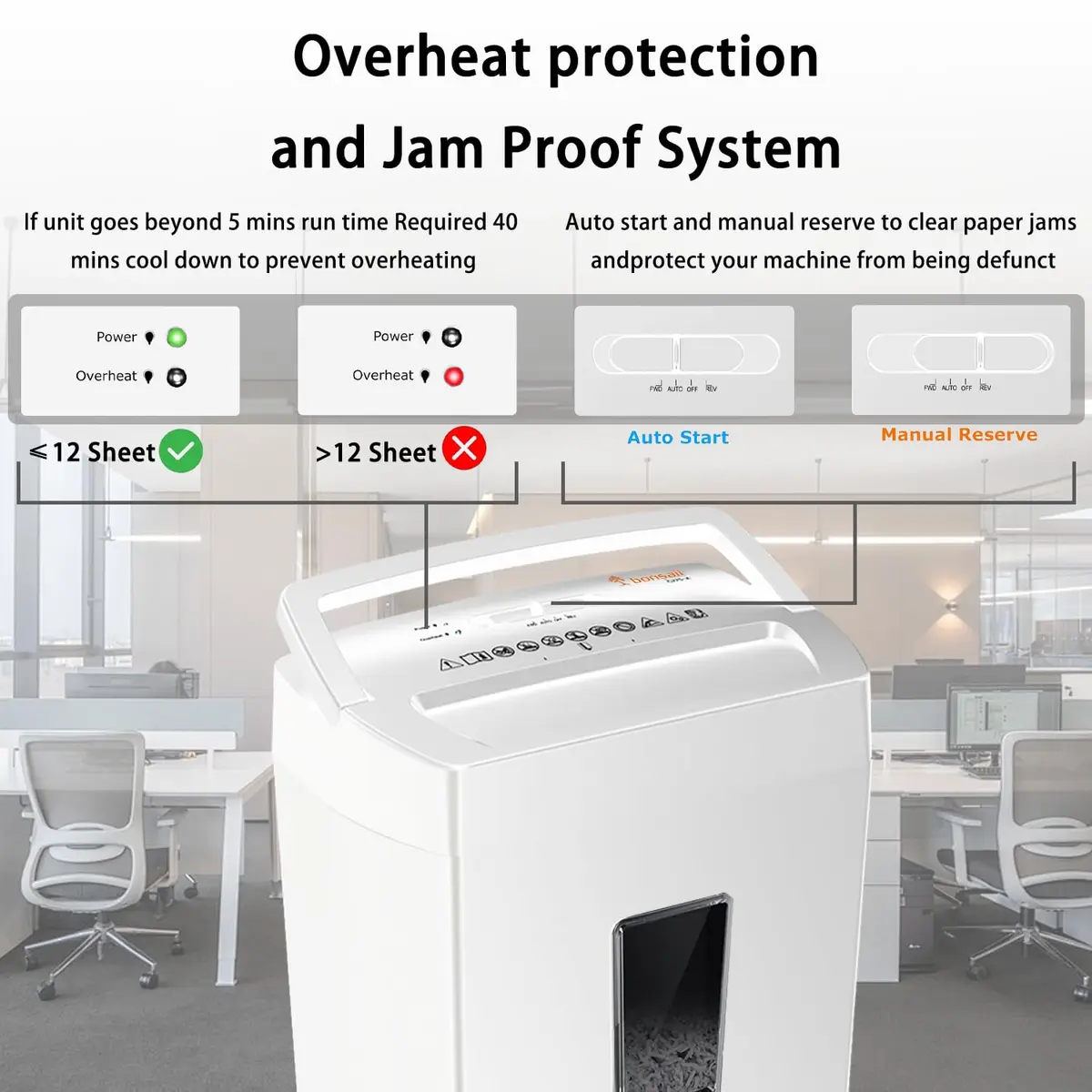 Bonsaii 12-Sheet Cross Cut Shredder P-4 Security 21.5L (5.5 Gal) | Quiet & Reliable for Home Office - view 4