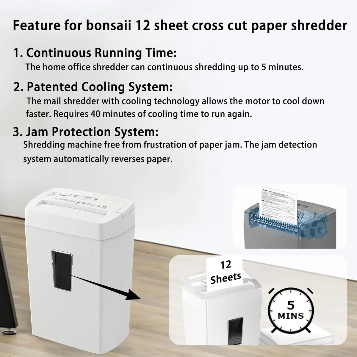 Bonsaii 12-Sheet Cross Cut Shredder P-4 Security 21.5L (5.5 Gal) | Quiet & Reliable for Home Office - view 5