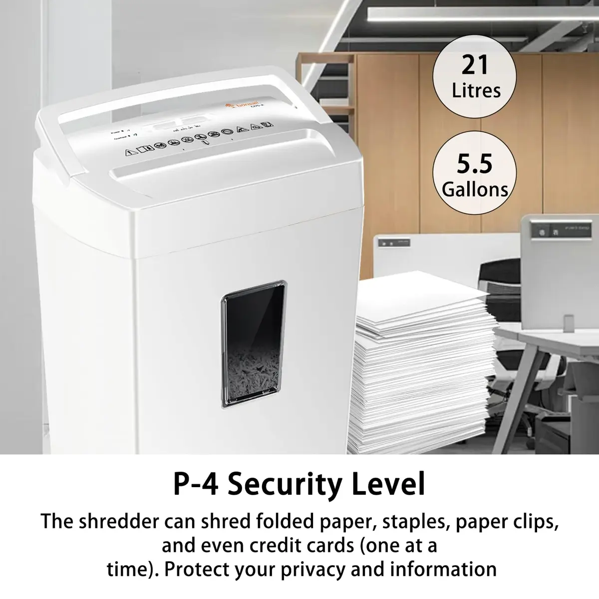 Bonsaii 12-Sheet Cross Cut Shredder P-4 Security 21.5L (5.5 Gal) | Quiet & Reliable for Home Office - view 6