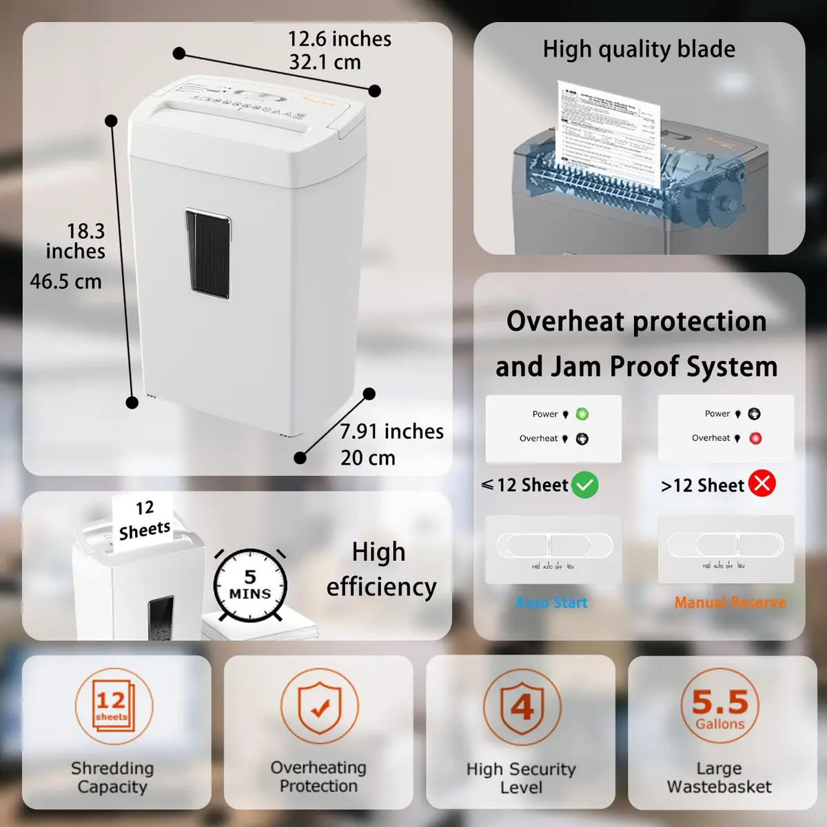 Bonsaii 12-Sheet Cross Cut Shredder P-4 Security 21.5L (5.5 Gal) | Quiet & Reliable for Home Office - view 2