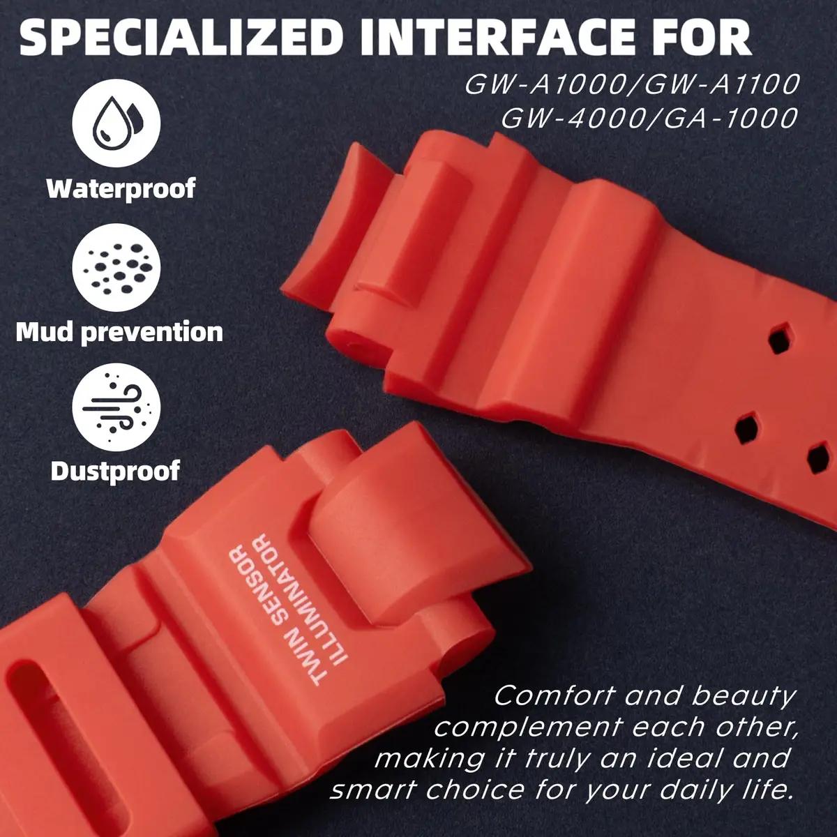 uEmoh 16mm Silicone Watch Band for Casio GW-4000/GA-1000 | Waterproof Durable Replacement - view 4