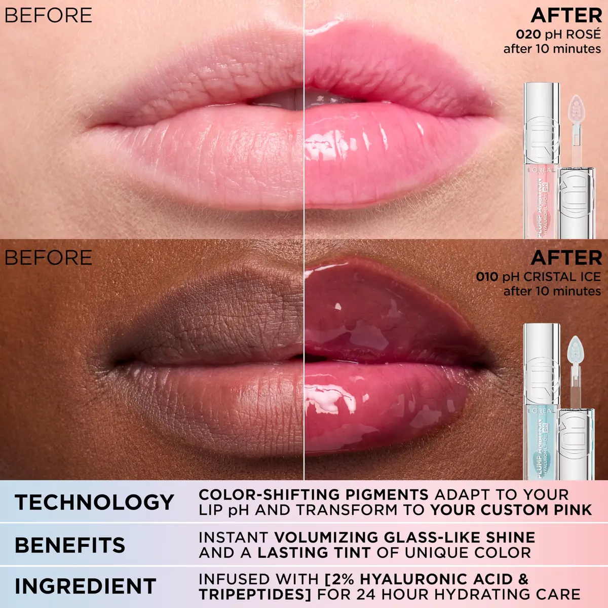 L'Oreal Paris Plump Ambition pH Hyaluron Lip Oil, pH Cristal Ice 0.16 Fl Oz | Hydrating, Plumping, Color Changing Lip Oil - view 8