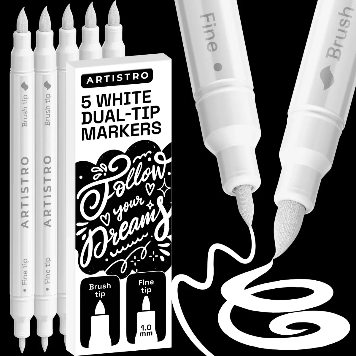 ARTISTRO White Dual-Tip Acrylic Paint Marker Pens (5 Count) | ASTM D-4236 Certified - main product image