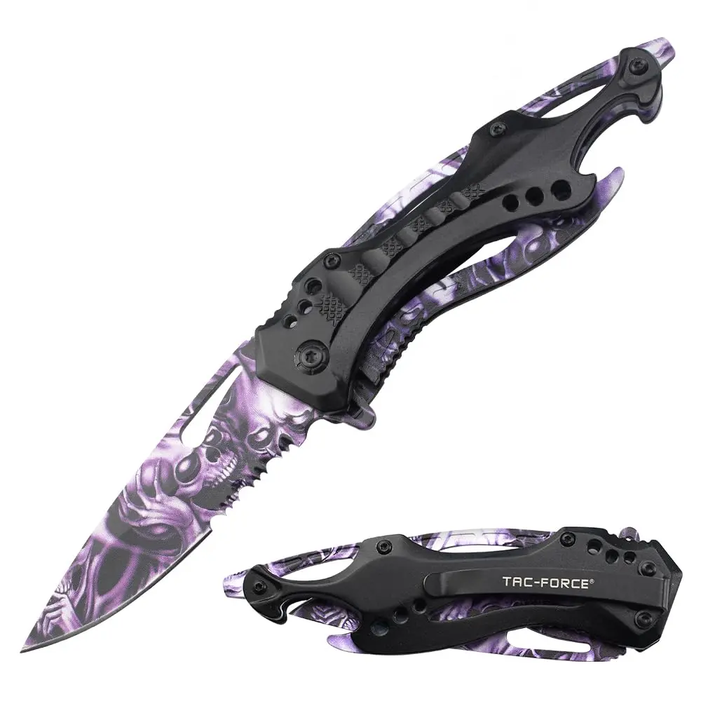 Tac-Force Folding Pocket Knife 3.25 inch Half Serrated Blade | Durable EDC Tool with Skull Print Handle - main product image