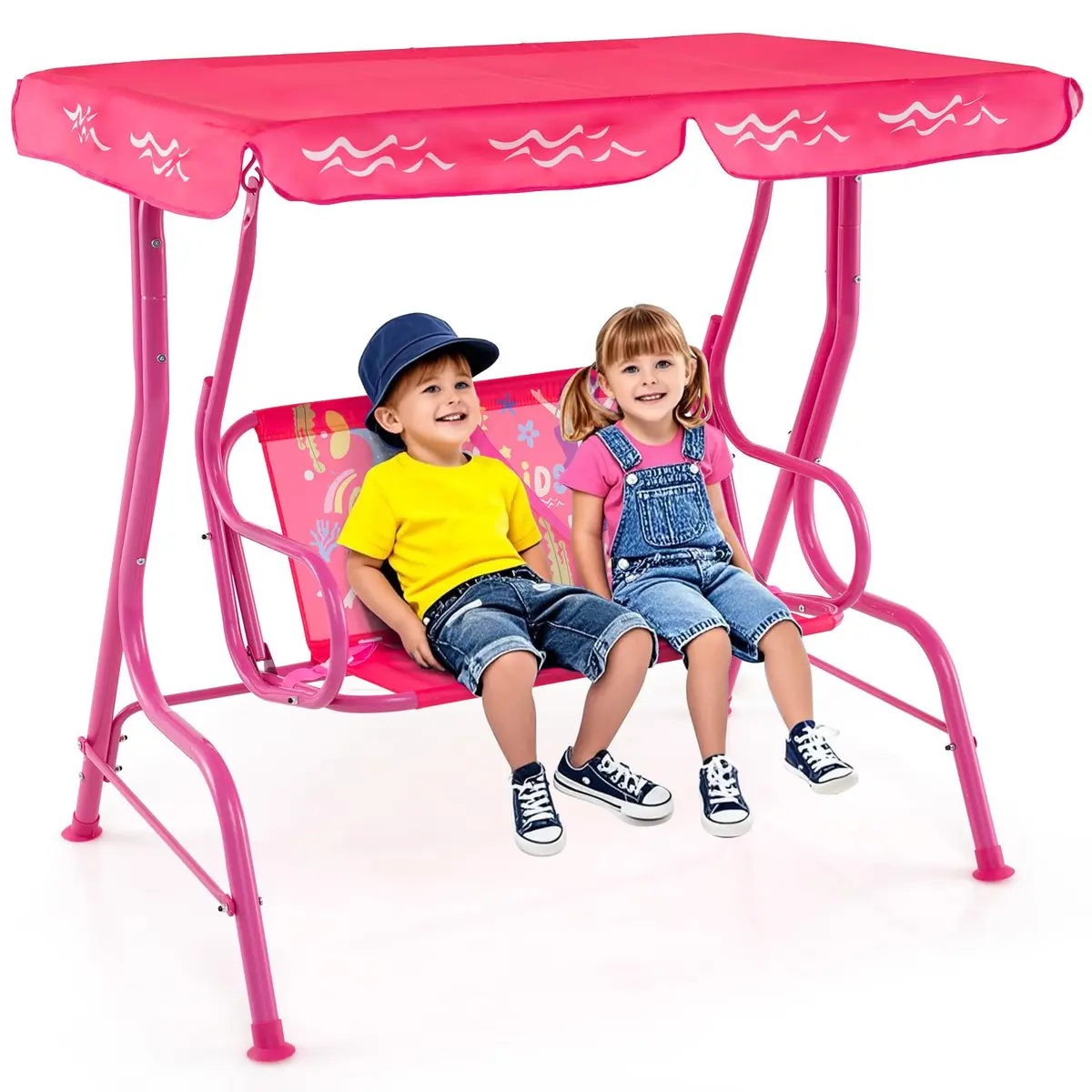 HONEY JOY Kids Patio Swing 2-Seater Adjustable Canopy Waterproof Pink Mermaid | Safe & All Weather - main product image