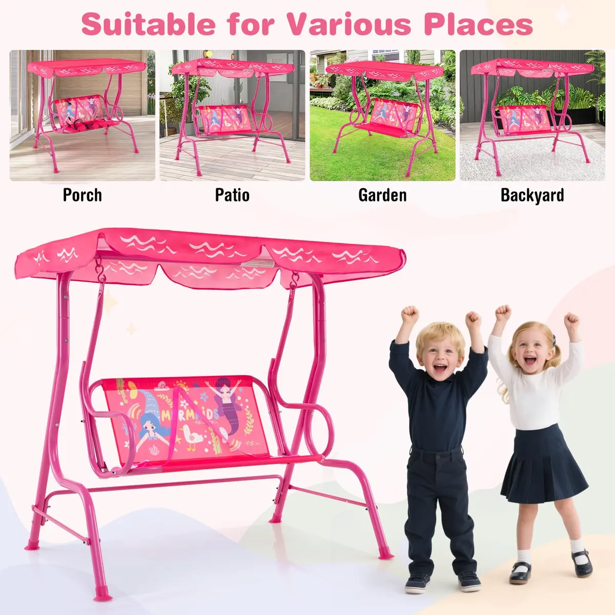 HONEY JOY Kids Patio Swing 2-Seater Adjustable Canopy Waterproof Pink Mermaid | Safe & All Weather - view 5