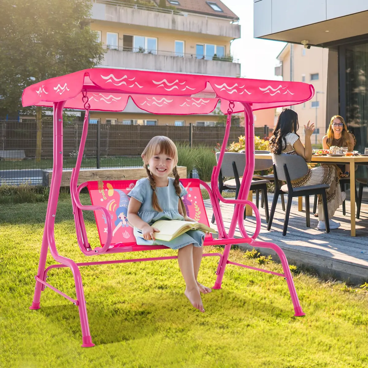 HONEY JOY Kids Patio Swing 2-Seater Adjustable Canopy Waterproof Pink Mermaid | Safe & All Weather - view 7