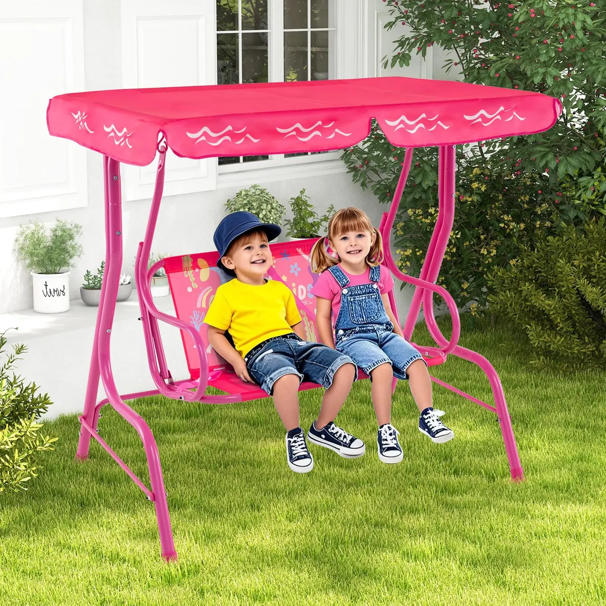 HONEY JOY Kids Patio Swing 2-Seater Adjustable Canopy Waterproof Pink Mermaid | Safe & All Weather - view 8