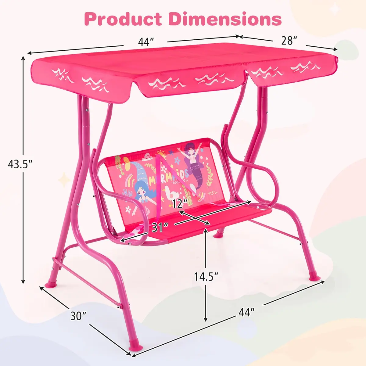 HONEY JOY Kids Patio Swing 2-Seater Adjustable Canopy Waterproof Pink Mermaid | Safe & All Weather - view 9