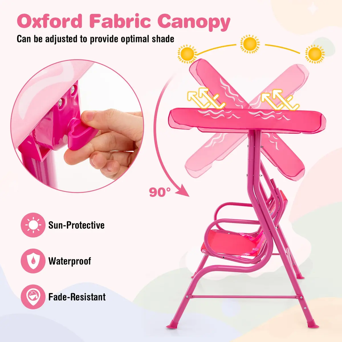 HONEY JOY Kids Patio Swing 2-Seater Adjustable Canopy Waterproof Pink Mermaid | Safe & All Weather - view 2