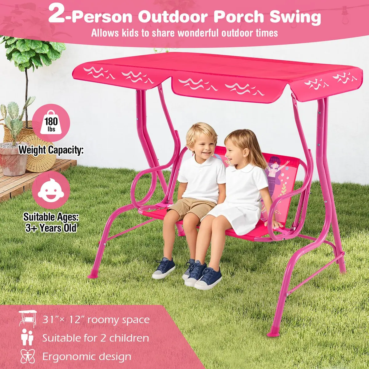 HONEY JOY Kids Patio Swing 2-Seater Adjustable Canopy Waterproof Pink Mermaid | Safe & All Weather - view 3