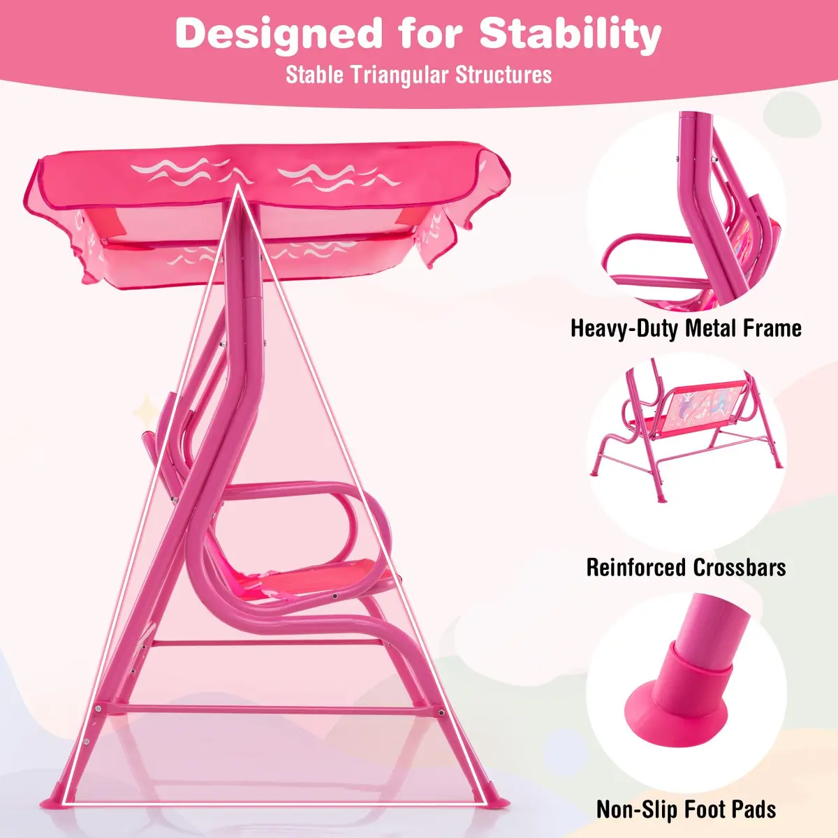 HONEY JOY Kids Patio Swing 2-Seater Adjustable Canopy Waterproof Pink Mermaid | Safe & All Weather - view 4