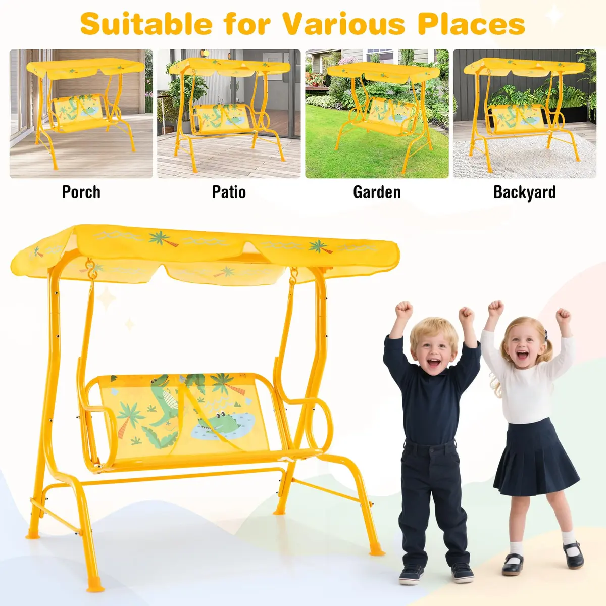 HONEY JOY Kids Patio Swing 2-Seater Adjustable Canopy Waterproof | Safe & All Weather - view 5