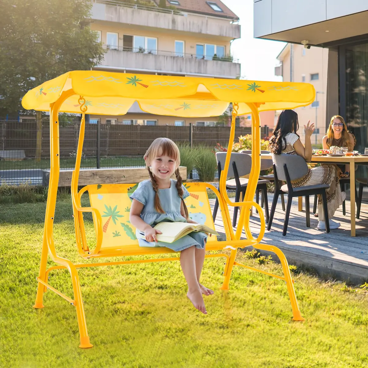HONEY JOY Kids Patio Swing 2-Seater Adjustable Canopy Waterproof | Safe & All Weather - view 7